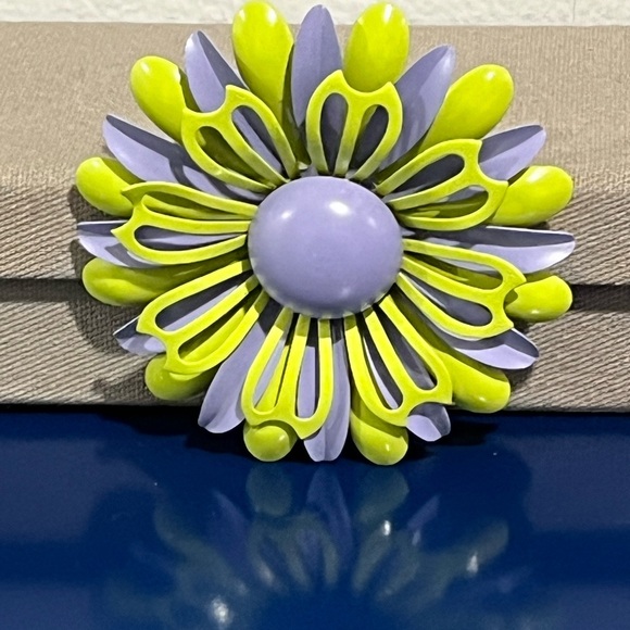 Vintage Jewelry - Purple Green Enamel Metal Flower Brooch Mod Floral Pin Vintage Jewelry 50s 60s